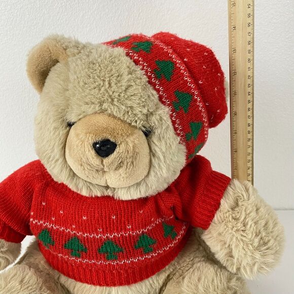 14" Vintage Tan CHRISTMAS TEDDY BEAR Stuffed Animal Plush Brown Windsor Toys Hat - Picture 6 of 11